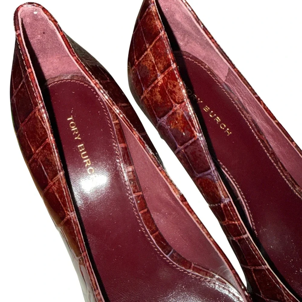 Tory Burch Eleanor Womens 6.5M Pre-Owned Heels Burgundy Croc Embossed Gold Logo